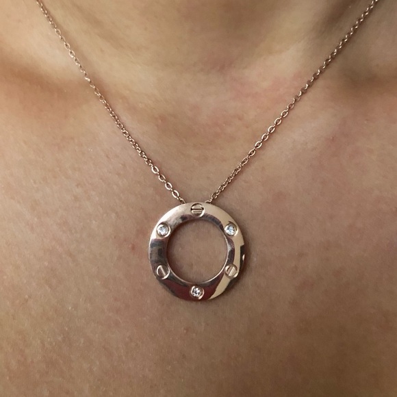 Screw Circle Zirconia Rose Gold Pendant Necklace - Picture 4 of 11